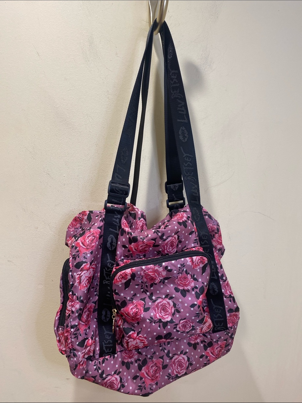 Betsey Johnson Pink Floral Large Shoulder Bag with Branded Black Straps